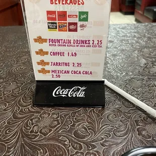 Drink options menu
