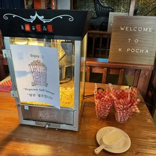 Cute popcorn station for the waiting area.