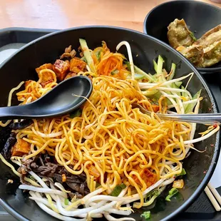 Vegetarian Ramen and Vegan/Vegetarian mandu.   The food is delicious and the service is wonderful. I can't wait to eat here again.