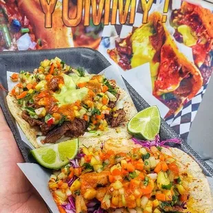 Shrimp and steak tacos.