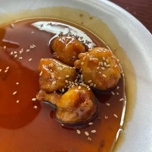 Teriyaki sesame chicken sampling