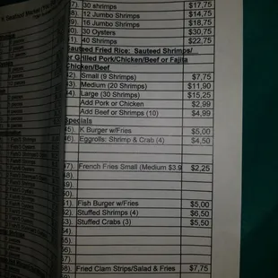 the price list for the restaurant
