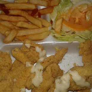 shrimp seasoned fries and salad