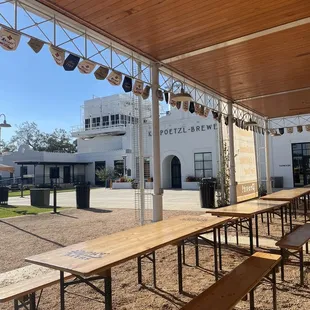 New Outside seating in front of BBQ place/brewery.