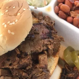 Brisket Sandwhich with coleslaw and baked beans