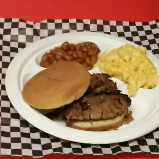 Brisket plate with beans and mac