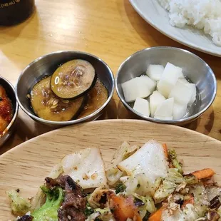 (L-R) cucumber kimchi, pickled cukes, pickled radish, Napa cabbage kimchi. All of them very flavorful!