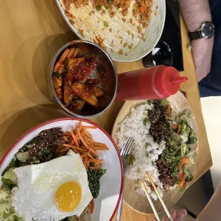 Kimchi fried rice, cucumber kimchi, spicy beef bulgogi and beef bimibop