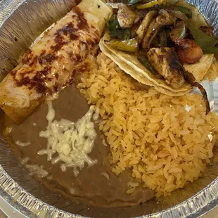 Fish taco, cheese and onion enchilada, rice and beans