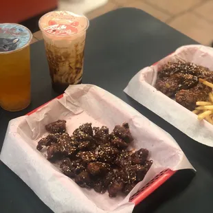 Popcorn chicken, chicken wings and boba