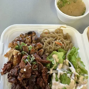Spicy pork and chicken combo bowl and miso soup