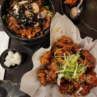 From another time - large boneless wing with soy garlic and sweet n spicy sauce. Korean beef rice bowl.