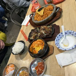 Tofu soup, bulgogi, kimchi fried rice, mung bean drink, and passion fruit drink.