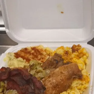 a meal in a styrofoam container