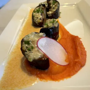 Misoyaki Japanese Eggplant Dynamite, Sesame Togarashi Beurre Blanc