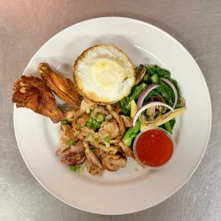 Lunch Thai grilled pork add on fried egg and  chicken wing