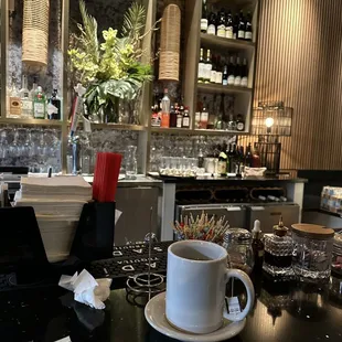 Bar Seating, having some hot green tea