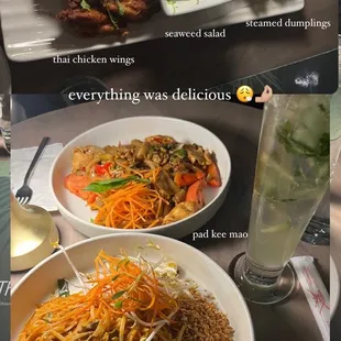 pad thai, pad kee maw, sampler appetizer, lime mocktail