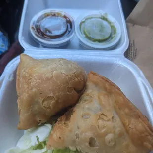 The big flaky vegetable samosas with mint and tamarind chutneys