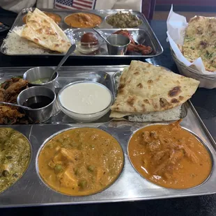 Rice, Naan Bread, Rice Pudding, Chana Saag, Vegetable Pakora, Mango Lassi