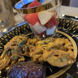 Pakoras, fruit and a date