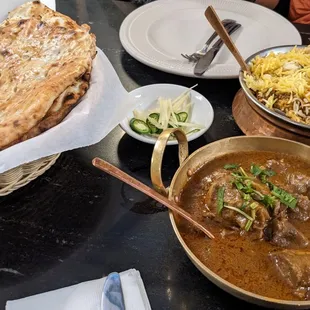 Chicken keema naan, nirali lamb curry, lamb biryani
