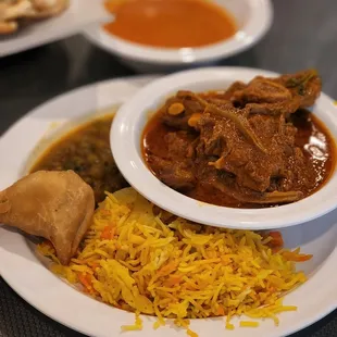 Lamb rice and samosa
