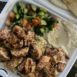 2 Chicken Kabab Combo Plate with Mediterranean Salad and hummus. $13