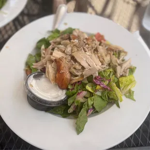 Fattoush topped with grilled chicken &amp; garlicky dressing- lunch special