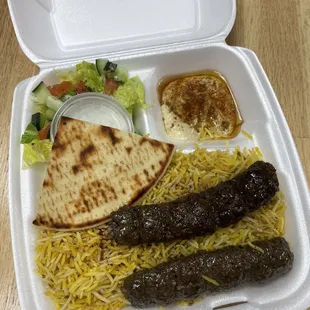 Beef Koobideh entree for $17! Tiny meat and hummus portions with just a whole lot of rice !