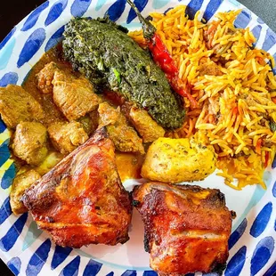 Pakistani lunch buffet : tandoori chicken, lamb curry, spinach dahl, veggie biryani