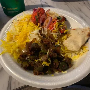 Okra Masala with rice and naan and Chicken tikka