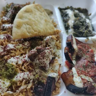 Lamb Kabab Plate (not spicy) with Spinach and Eggplant and Pita