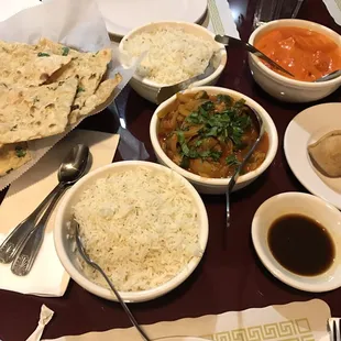 Salmon masala, okra bhindi, and garlic naan. Really good!!!