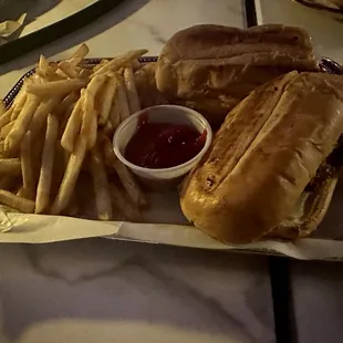 a hot dog and french fries