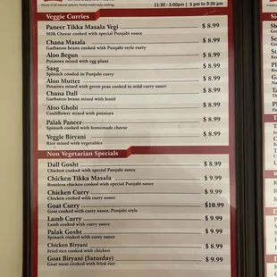 Menu as of November 2021