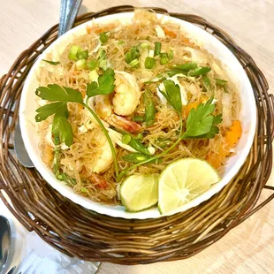 Pancit Bihon: stir-fried vermicelli with vegetables (shrimp add-on).