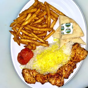 Chicken Shish Kabob Plate with rice &amp; fries
