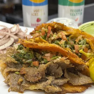 Gyro and chicken shawarma tacos