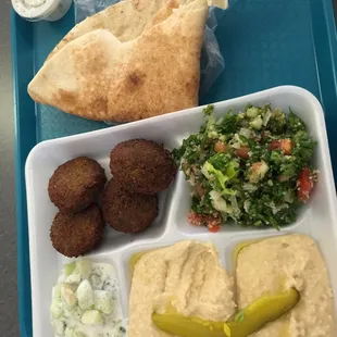Falafel, hummus. Pita and salad