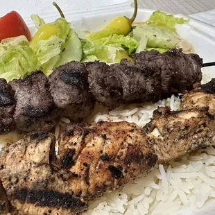 4. Skewers Kabob House Combo Plate (Chicken and Beef Kabob). Pita Bread and Garlic Sauce (Toom) not pictured.