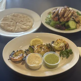 Shrimp Kabob with Garlic Mayonnaise and Feta Churri sauce and Garlic chicken Salad