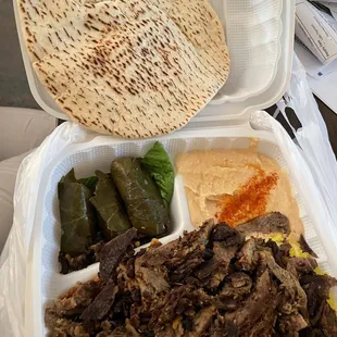 Beef Shawarma plate with hummus and dolma