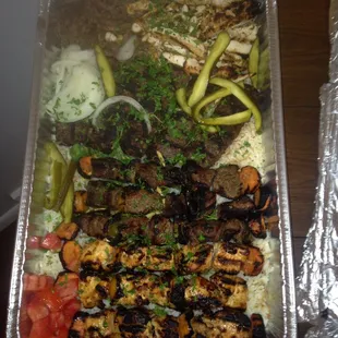 Family combo for 4-6. 1 tray plus large salad, appetizers, hummus, baba, etc. this is just the meat. Enough for 12!