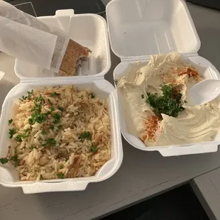 Beef kabob, yellow rice and hummus