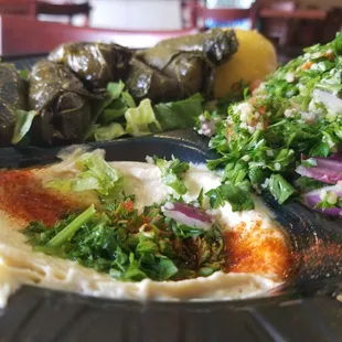 Combo #3: meat grapeleaves, hummous, and tabbouli salad.