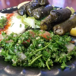The #3 Combo Platter, with meat stuffed grapleaves, tabbouli, hommous, and pita bread.