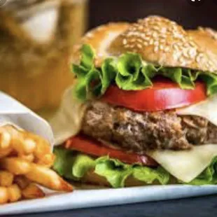 a hamburger and french fries