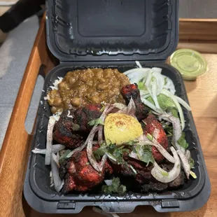 Lamb Kabob and Chicken Tikka with rice and chickpeas