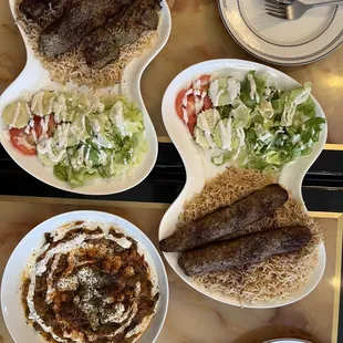 Trio of lamb, shami and tikka kabob + borani banjan + shami kabob